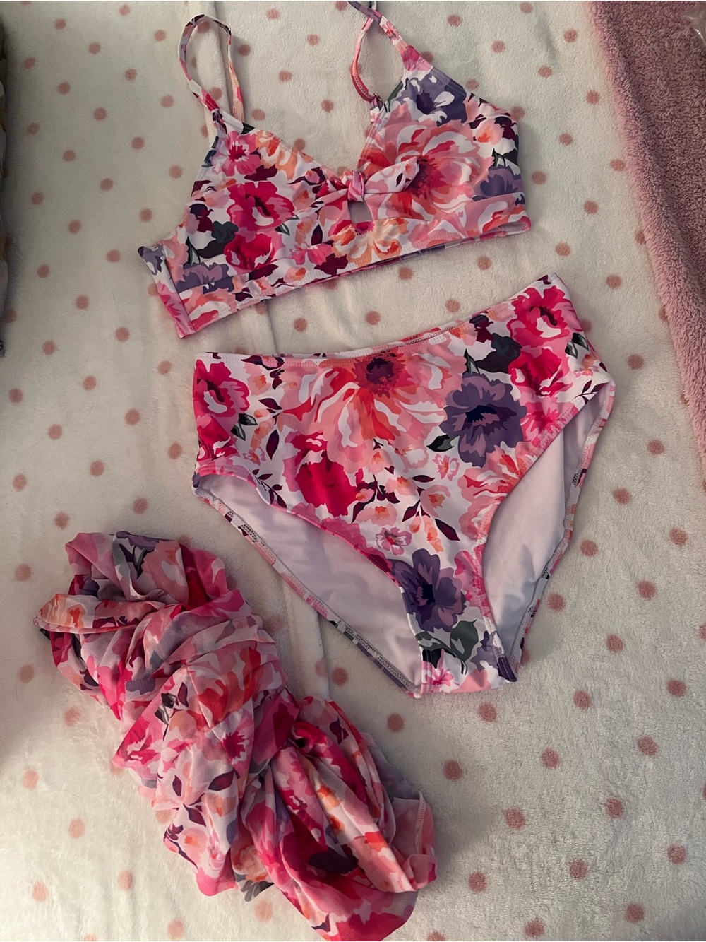 SHEIN Pink & Purple Floral High-Waist Bikini Set with Cover-Up